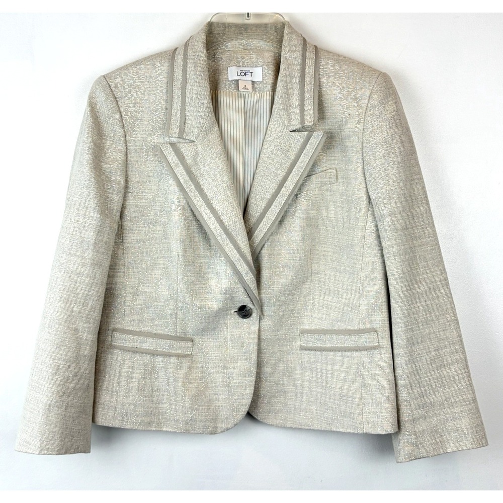 Loft Blazer Women 8 Ivory Metallic Thread Jacket Work Career Office Professional